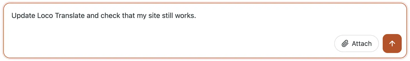 The chat box in the WP dashboard with the request typed in: Update Loco Translate and check that my site still works.