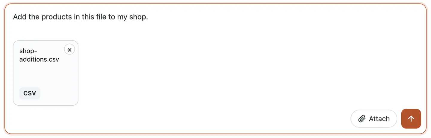 The chat box in the WP dashboard: shop-additions.csv attached and the request typed in