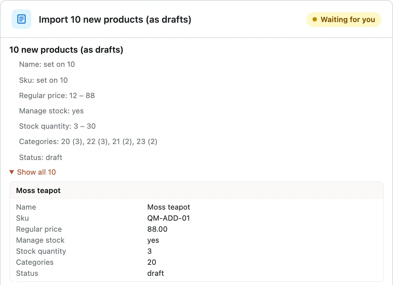 Show all 10 opened: Moss teapot, SKU QM-ADD-01, regular price 88.00, stock 3, category 20, status draft