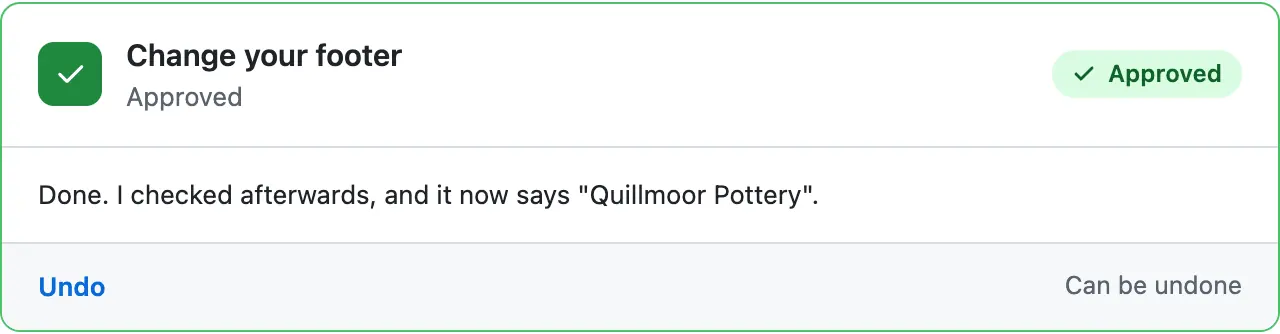 The card after the press: green and Approved, with the sentence it wrote after checking, and an Undo link