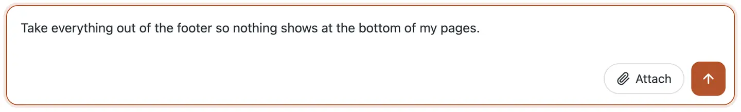 The CMSHands chat box in the WP dashboard, with the owner's request typed in: take everything out of the footer