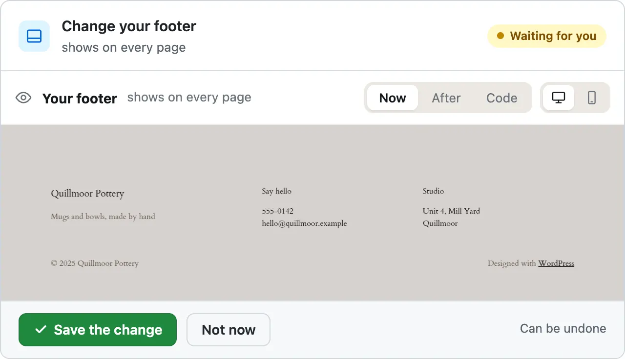 The same card on Now: the footer as it was, with the name, phone, email, address, copyright line and credit