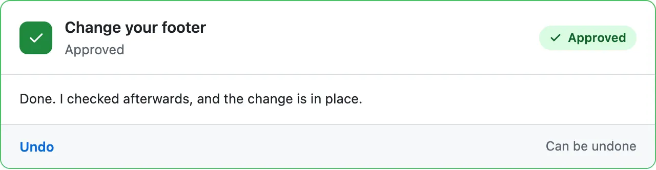The card after the press: green and Approved, with the sentence it wrote after checking, and an Undo link