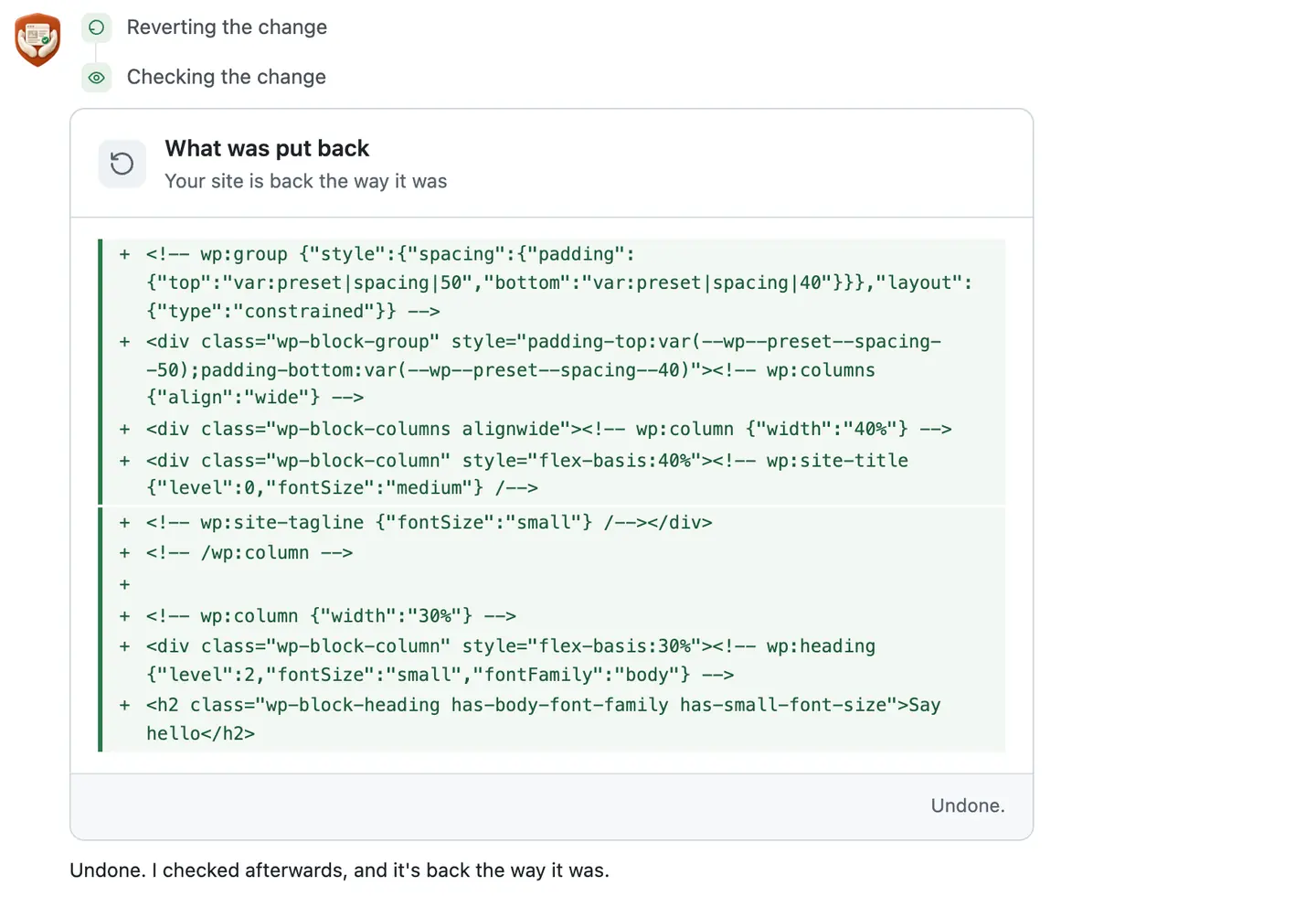 After Undo: a What was put back card listing the footer's code lines in green, then its check sentence