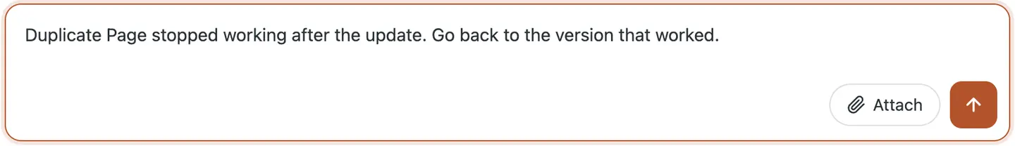 The CMSHands chat box in the WP dashboard with the request typed in: Duplicate Page stopped working after the update