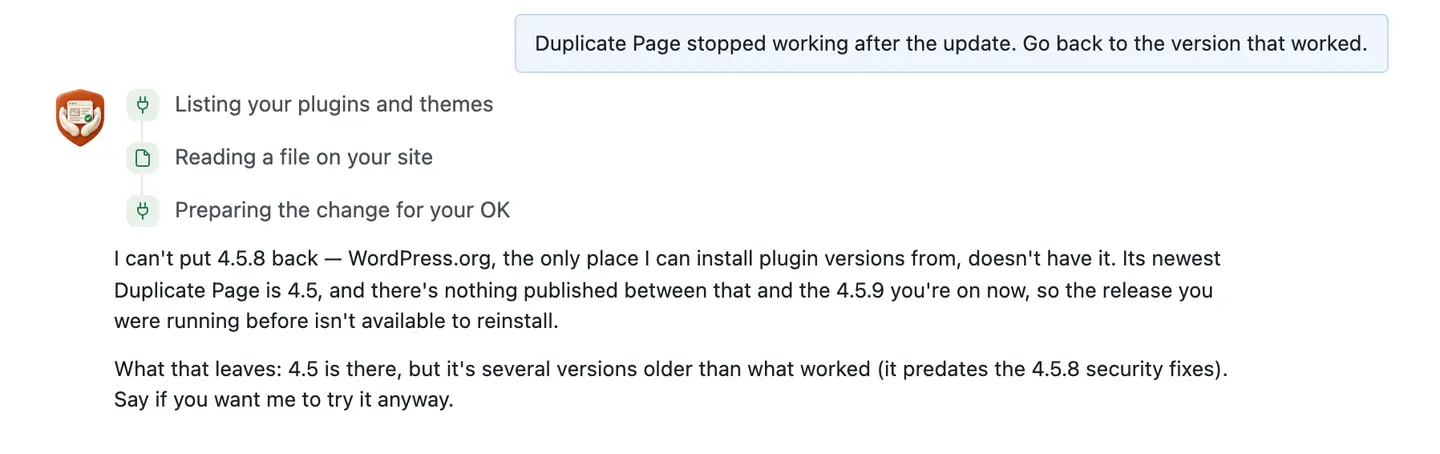 The chat's answer: it can't put 4.5.8 back because wordpress.org doesn't have it, and 4.5 is the closest it can offer