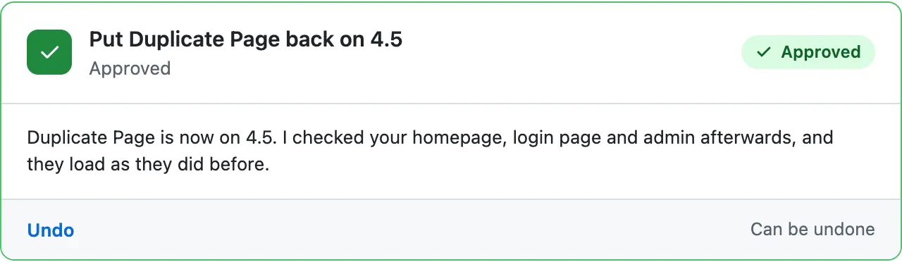 The card turned green and Approved: Duplicate Page is now on 4.5, home, login and admin checked, with an Undo link