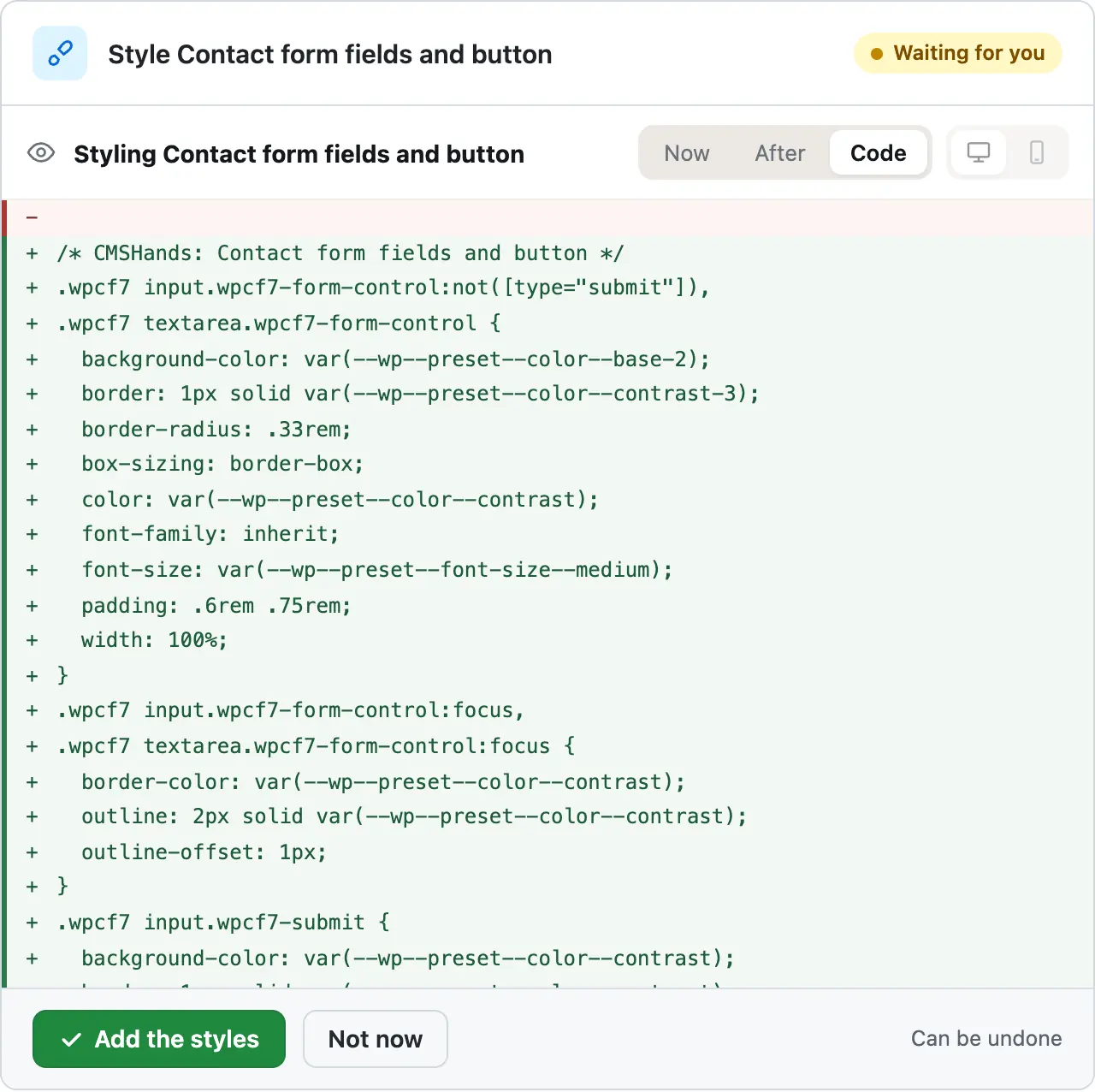 The card with Code pressed: the CSS it would add in green, every rule starting with .wpcf7 and the theme's colors