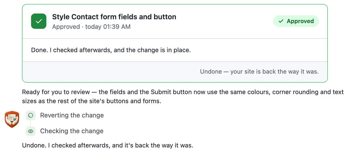 After Undo: the card's foot says Undone, your site is back the way it was, under it the chat's own check sentence