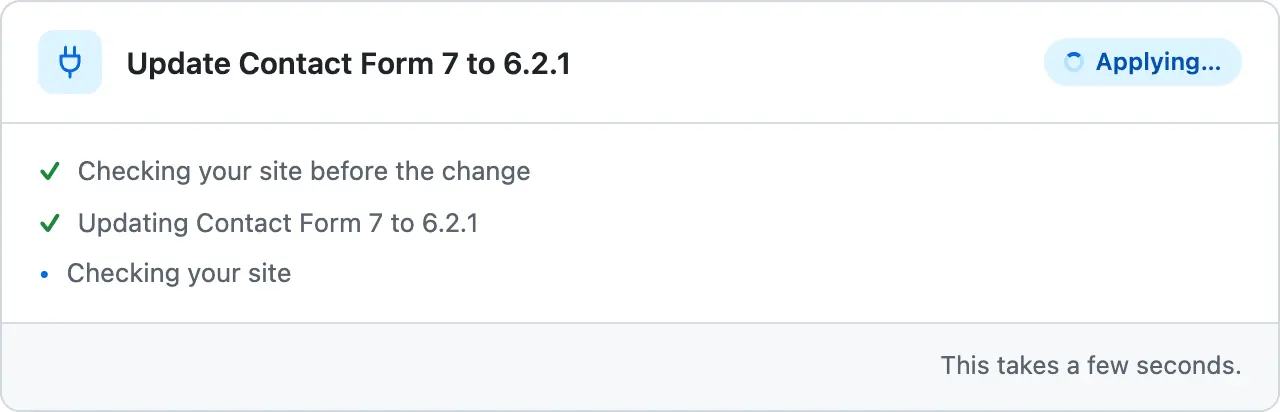 The same card after the press: the update done, Checking your site still running