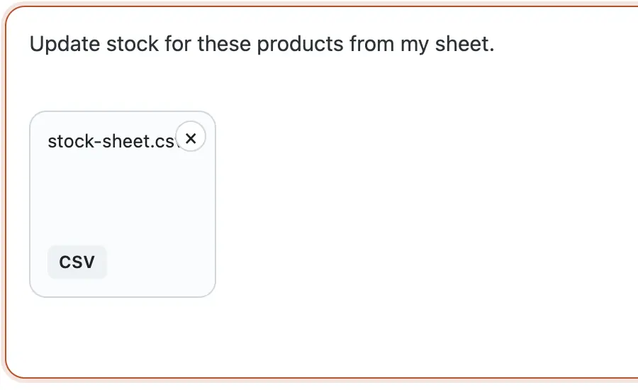 The chat box in the WP dashboard with the request typed in and stock-sheet.csv attached