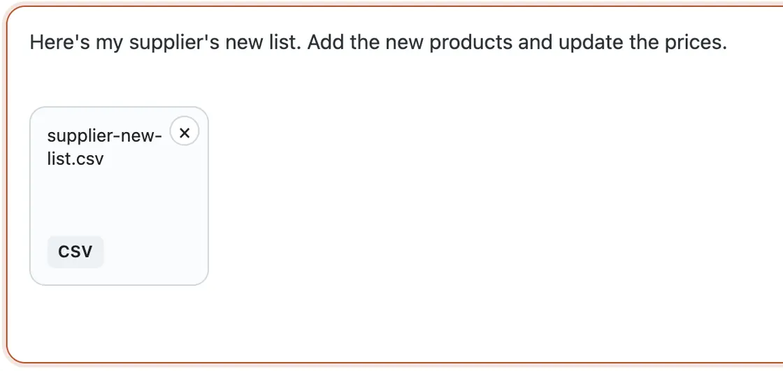 The chat box in the WP dashboard, supplier-new-list.csv attached and the request typed in