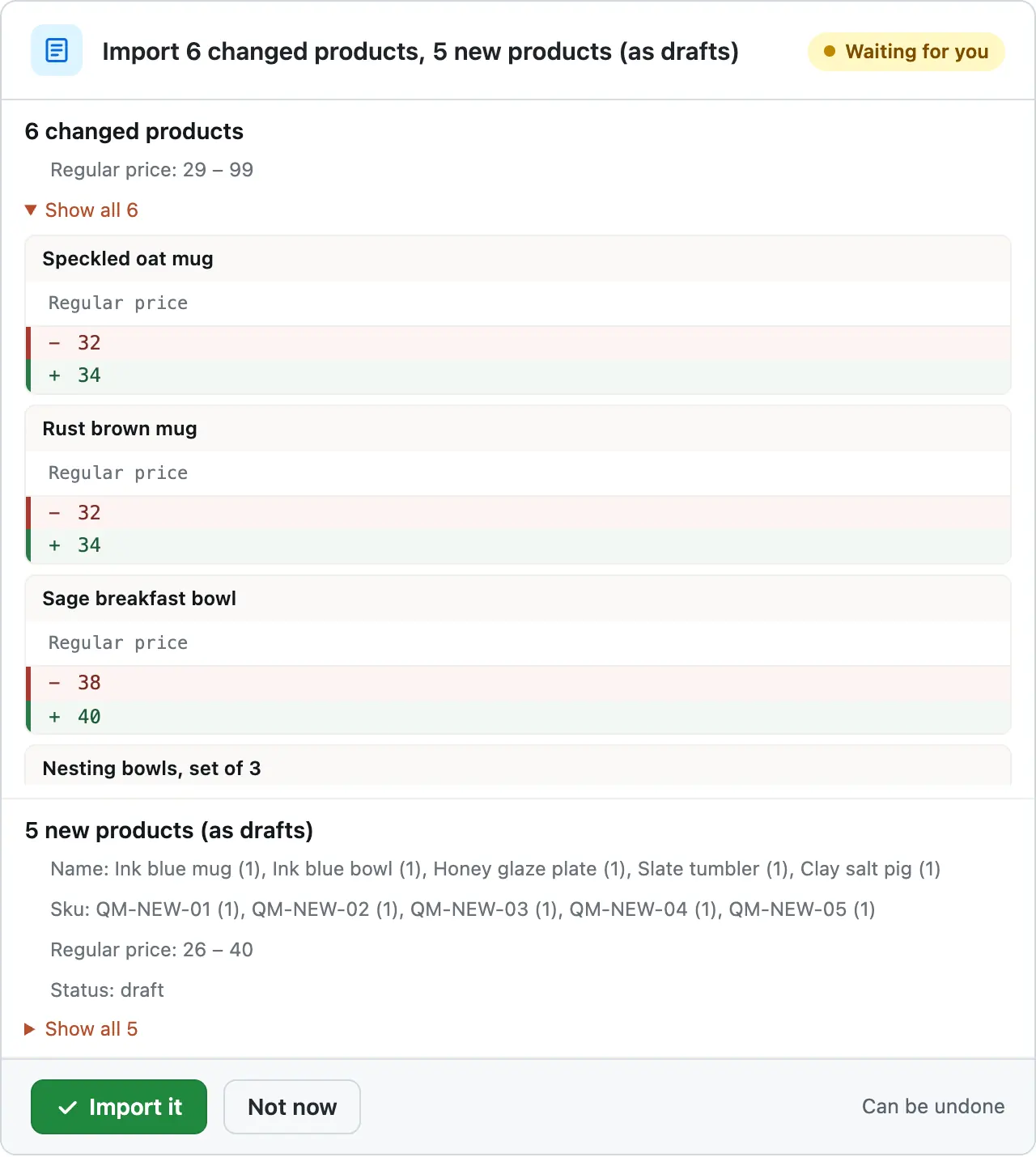 Show all 6 opened on the card: each product's old price in red and new price in green, such as 32 to 34