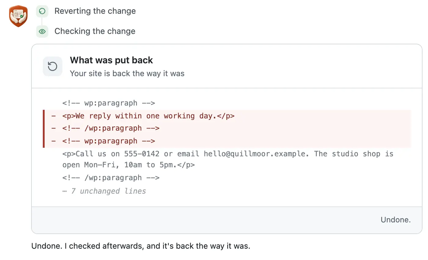 After Undo: a What was put back card with the added line in red, then the assistant's check sentence