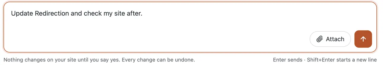 The chat box in the WP dashboard with the request typed in: Update Redirection and check my site after.