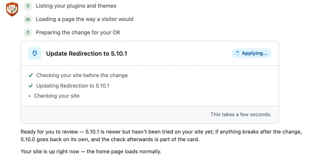 The card after the press, Applying: the check before and the update ticked, Checking your site still running