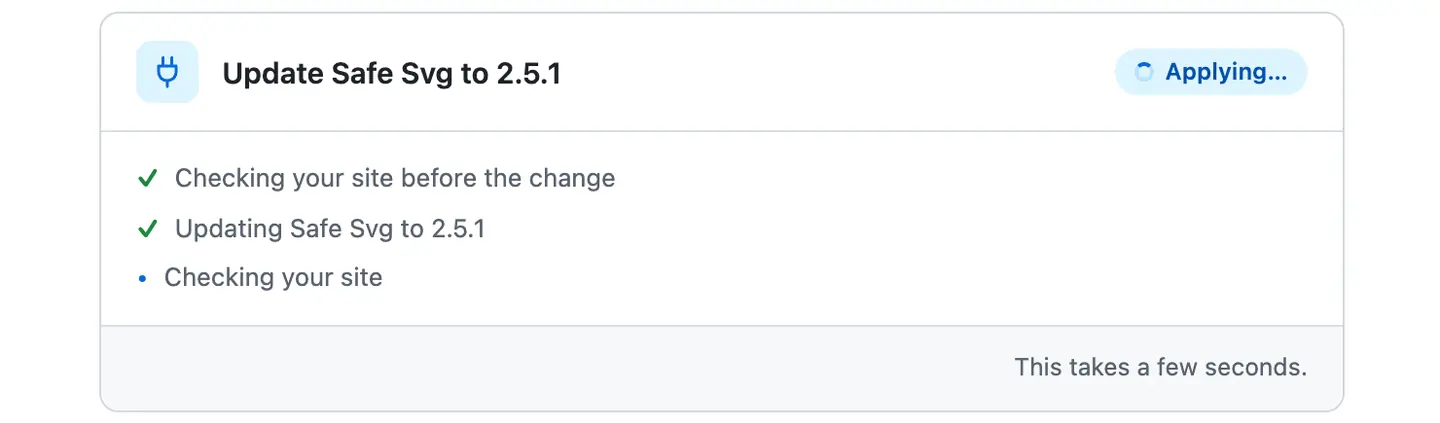 The same card in the broken run after the press: the update done, Checking your site still running