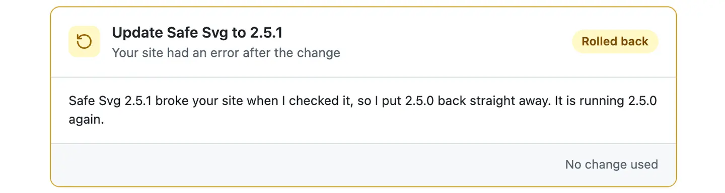 The card marked Rolled back: Safe Svg 2.5.1 broke your site when I checked it, so I put 2.5.0 back