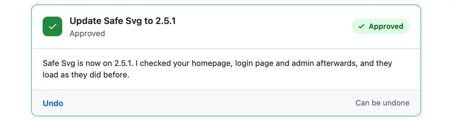 The card after the check, green, with Update Safe Svg to 2.5.1 and Approved