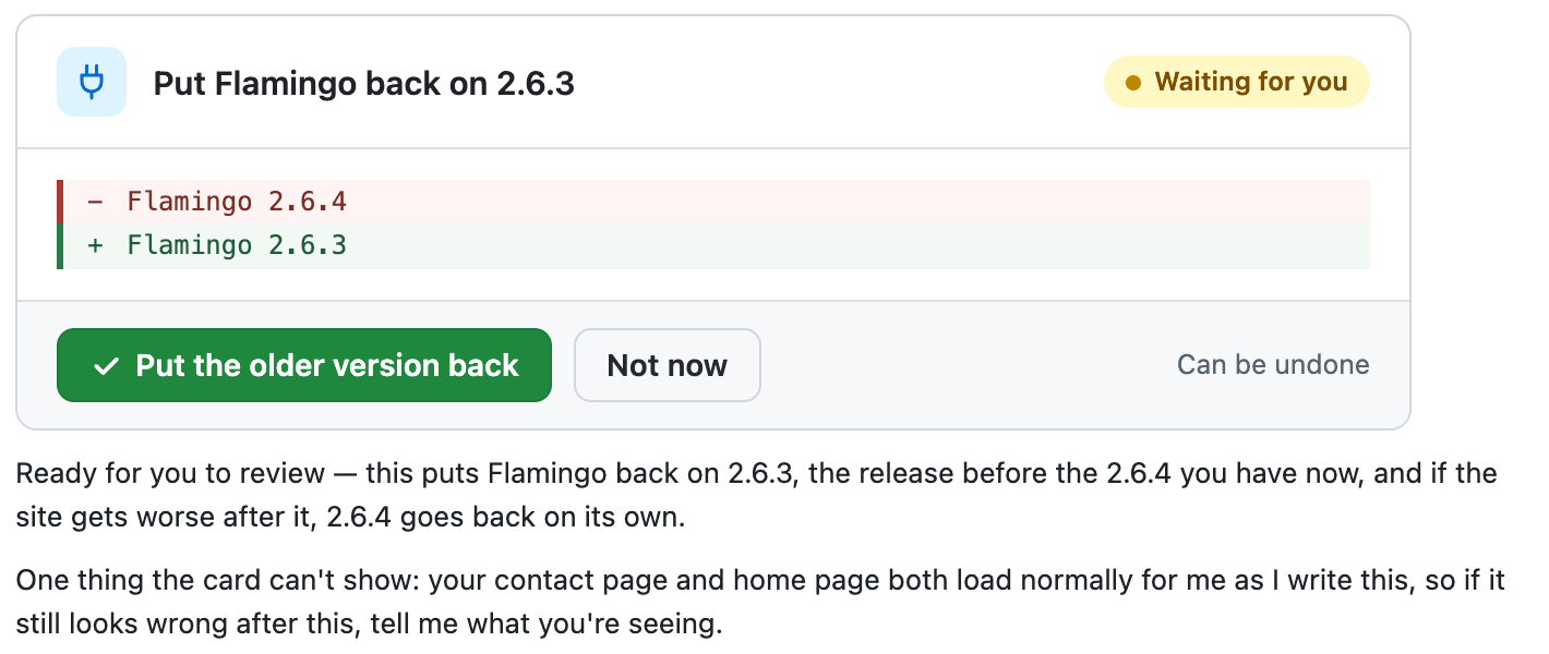 The same card in the second run: Flamingo 2.6.4 out, 2.6.3 in, waiting for the button
