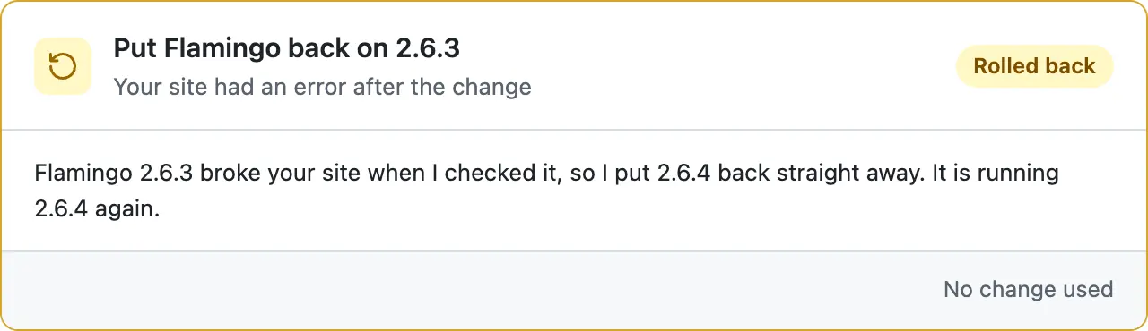 The card in yellow, Rolled back: Flamingo 2.6.3 broke your site, so I put 2.6.4 back straight away