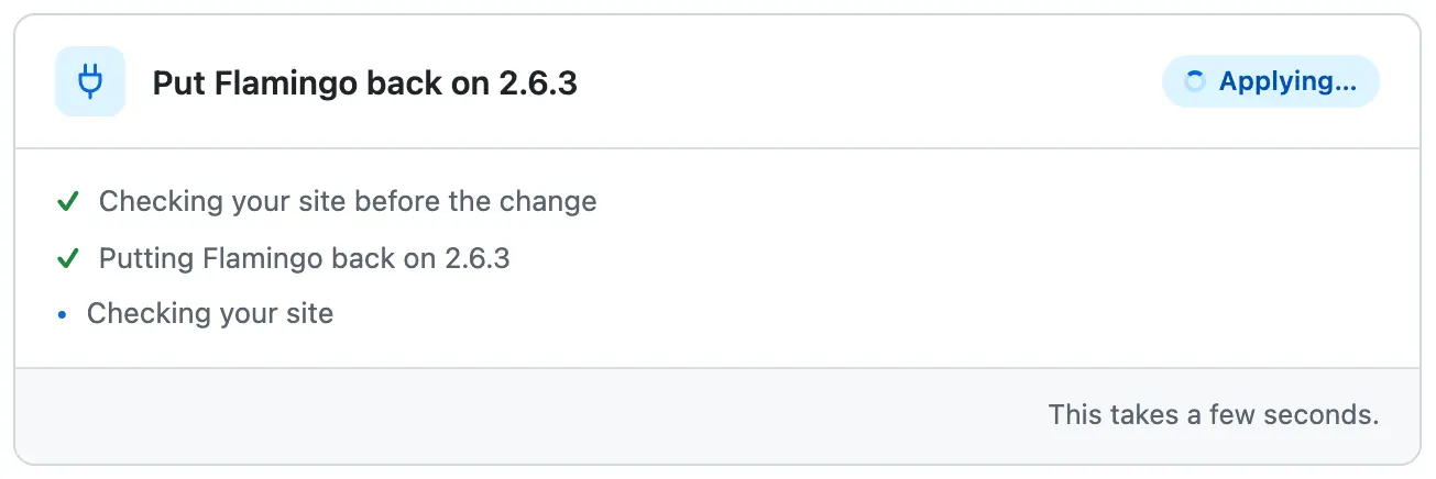 The card after the press, Applying: the check before and the swap to 2.6.3 ticked, Checking your site running