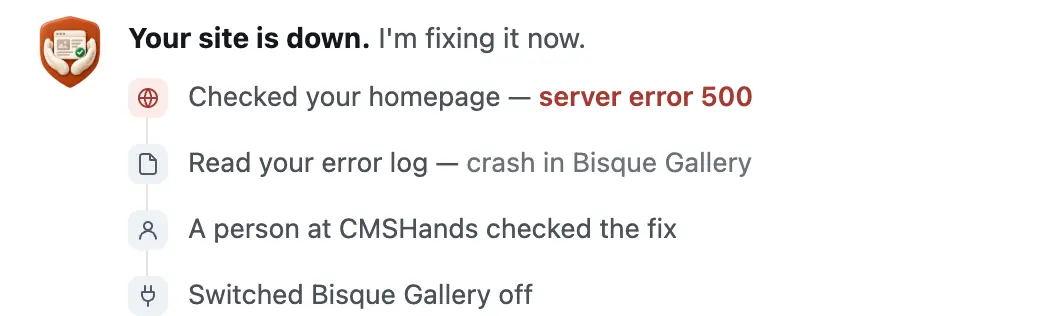 The chat card once the dashboard loaded: Your site is down, I'm fixing it now, with four steps done