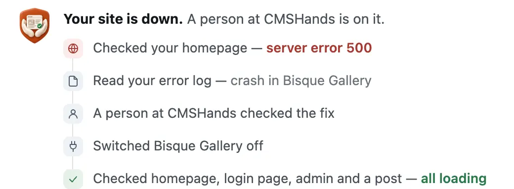 The card handed to a person: Your site is down, a person at CMSHands is on it; the last check says all loading