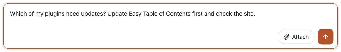 The chat box in the WP dashboard with the question typed in: which plugins need updates, Easy Table of Contents first