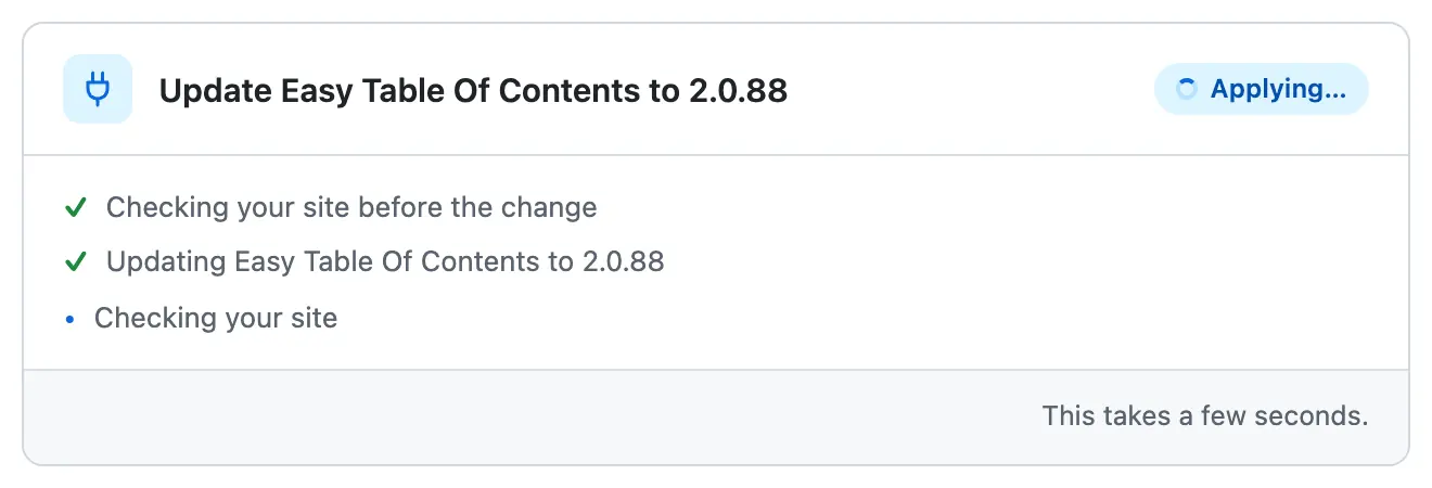 The card after the press, Applying: the check before and the update ticked, Checking your site still running