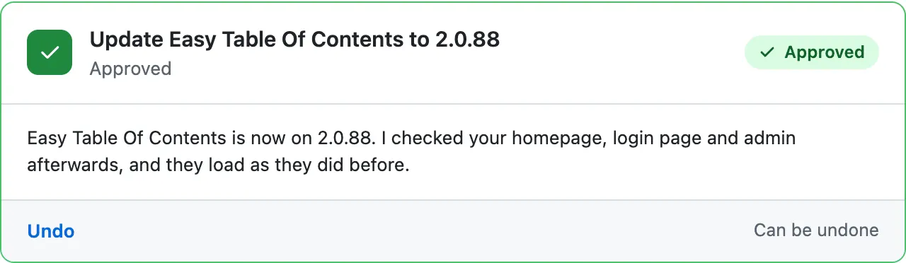 The card in green, Approved: Easy Table Of Contents is now on 2.0.88, home, login and admin checked, with an Undo link