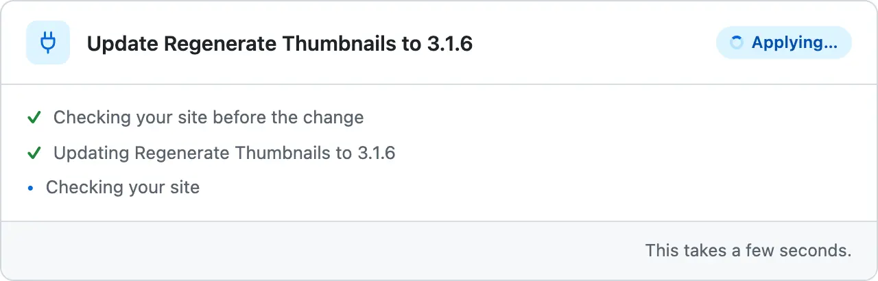 The same card after the press, Applying: the update to 3.1.6 in place, Checking your site still running
