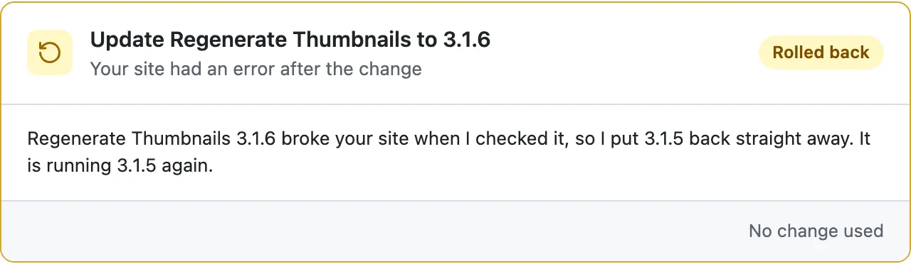The card marked Rolled back: Regenerate Thumbnails 3.1.6 broke your site when I checked it, so I put 3.1.5 back