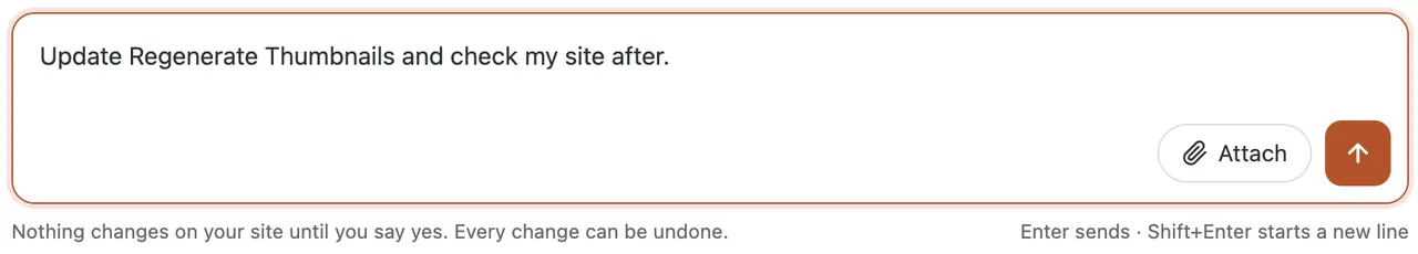 The chat box in the WP dashboard with the request typed in: Update Regenerate Thumbnails and check my site after.