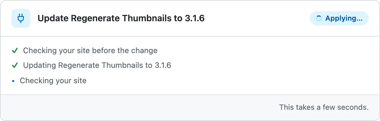 The card after the press, Applying: the check before and the update ticked, Checking your site still running