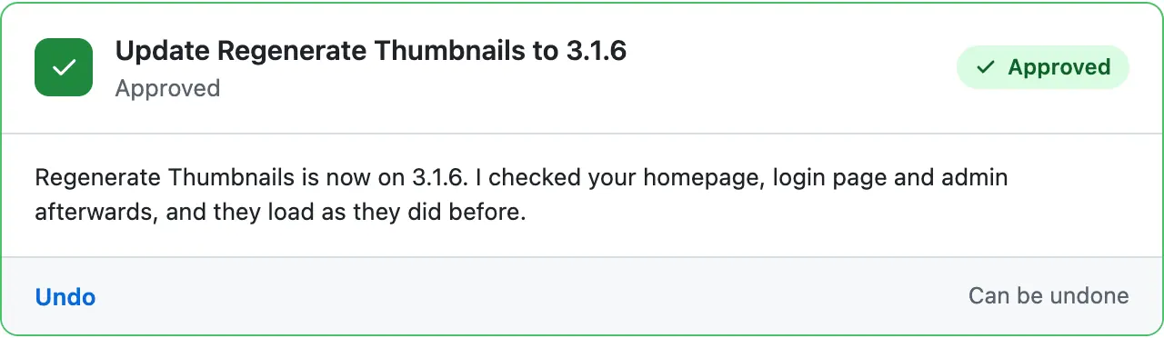 The card after the check, green and Approved: Regenerate Thumbnails is now on 3.1.6, with an Undo link