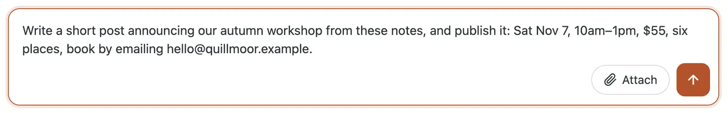 The chat box in the WP dashboard with the request typed: a short post announcing the autumn workshop, from the owner's notes