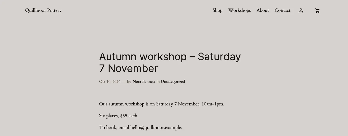 The new post on the test site, seen by a visitor: Autumn workshop – Saturday 7 November, with time, places, price and email