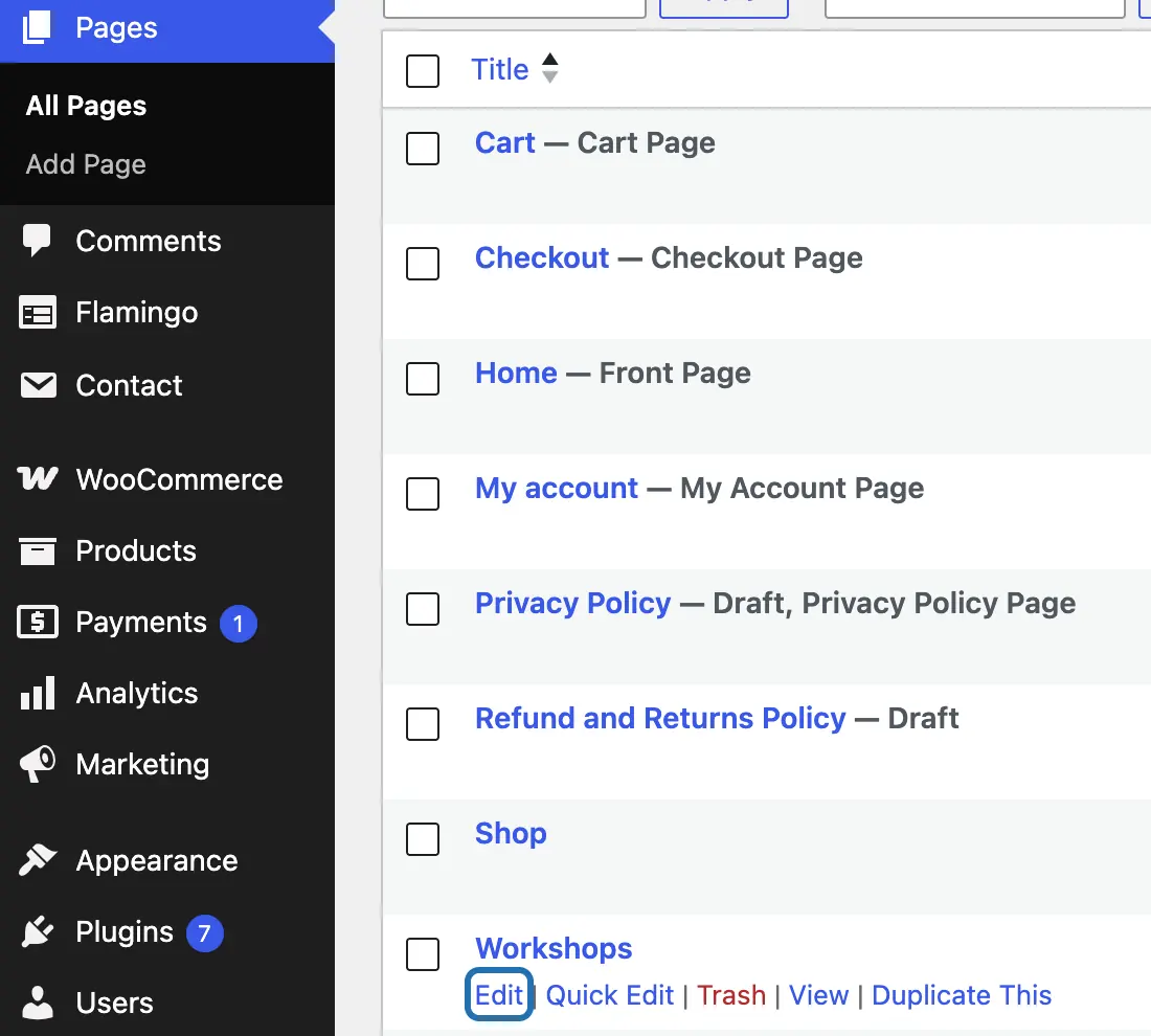 The WP dashboard menu with All Pages open, and the Edit link under the Workshops page outlined