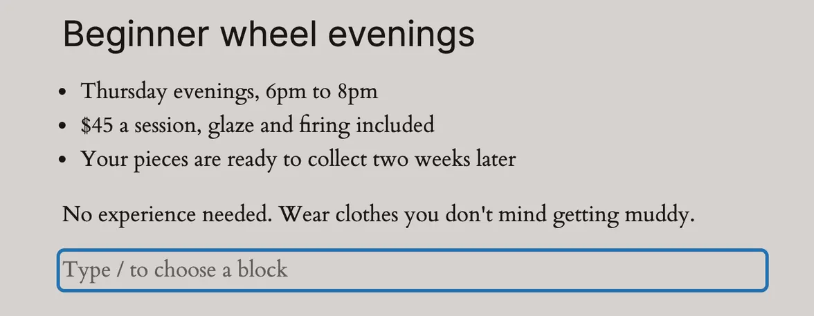 The Workshops page in the editor: under its last paragraph, an outlined empty line that says Type / to choose a block