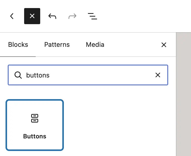 The block panel open on the left, buttons typed in its search box, and the Buttons block outlined