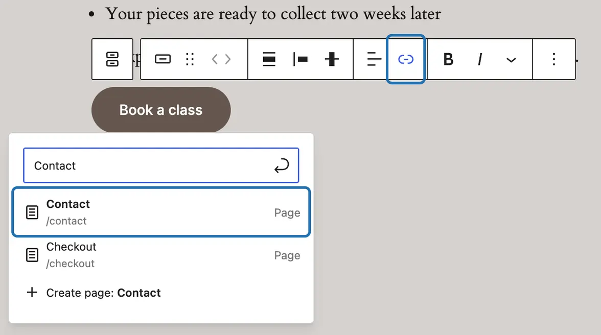 The link icon in the button's toolbar outlined, Contact typed in the link box, and the Contact page outlined in the list