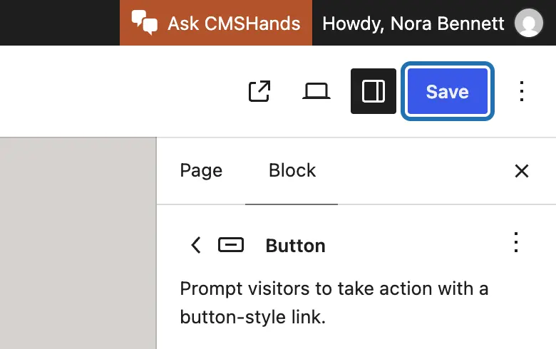 The top right of the editor with the Save button outlined, above the settings of the new button