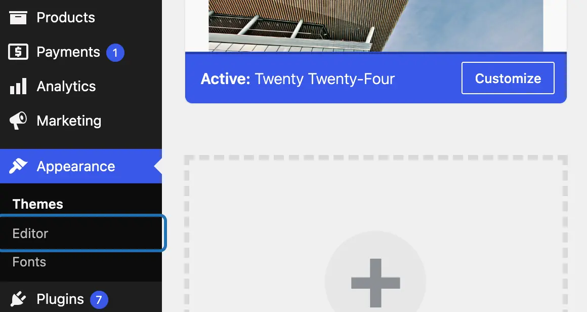 The dashboard menu with Appearance open and Editor outlined, under Themes