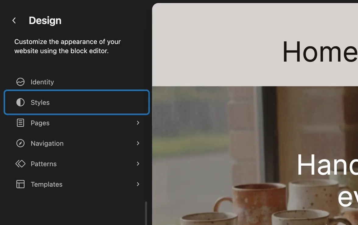 The Site Editor's Design panel, with Styles outlined in the list on the left