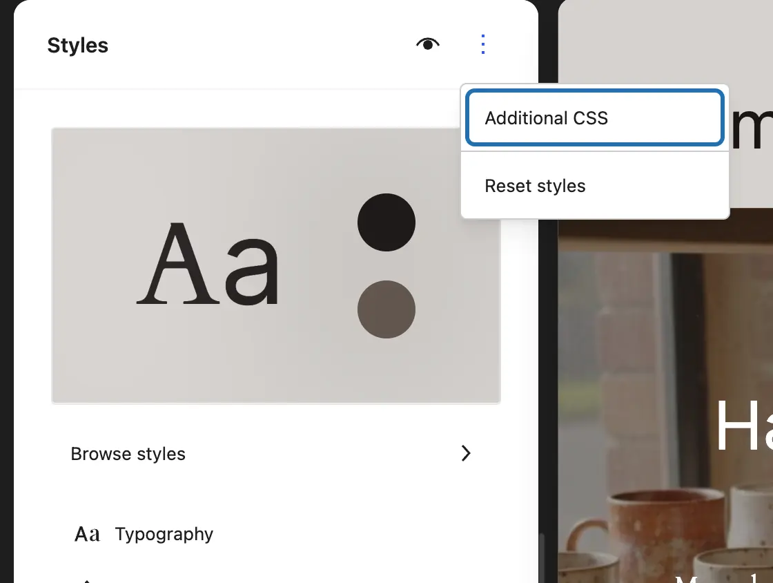 The Styles panel with its ⋮ (More) menu open and Additional CSS outlined, above Reset styles