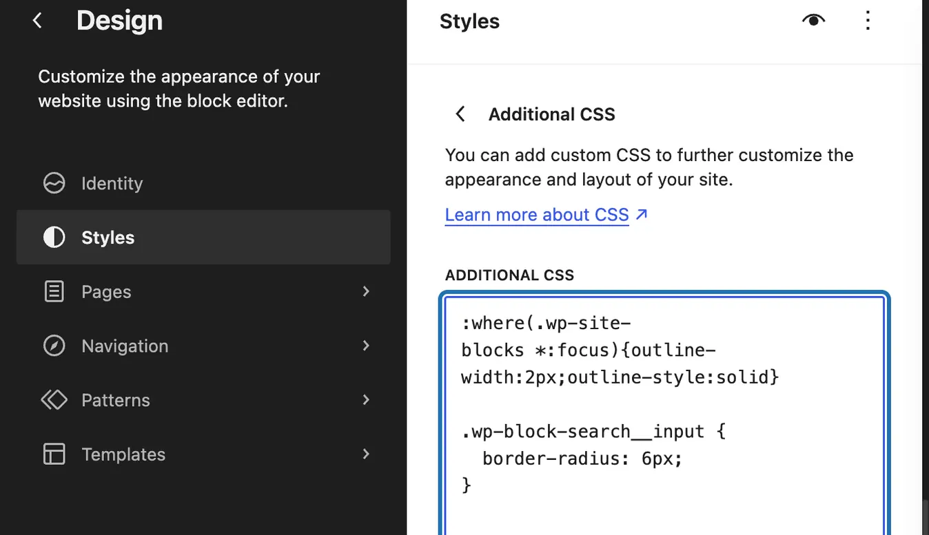 Styles › Additional CSS in the Site Editor: the box outlined, with a search box rule typed after the theme's own line
