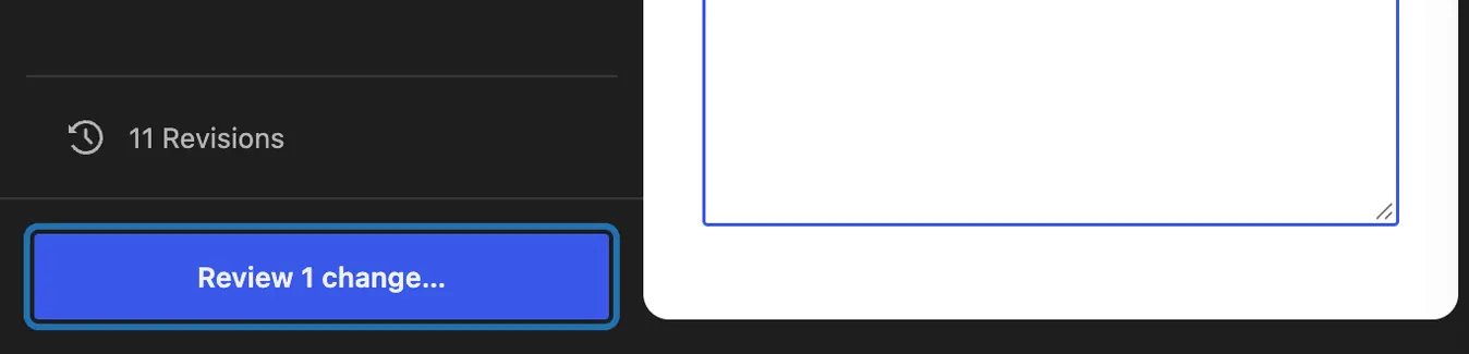 The foot of the Site Editor's left column: Review 1 change… outlined, under 11 Revisions