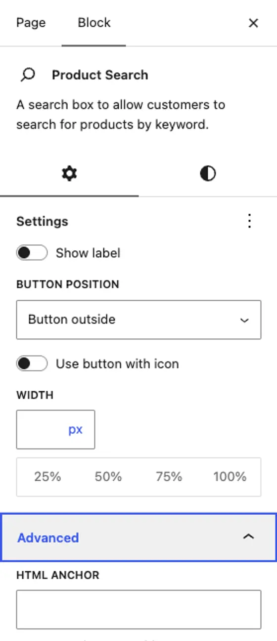 The Block panel for the selected Product Search block, with Advanced opened at the bottom of its settings