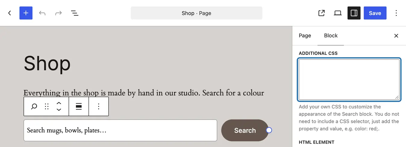 The Search block selected on the Shop page, and its own Additional CSS box outlined in the Block panel on the right